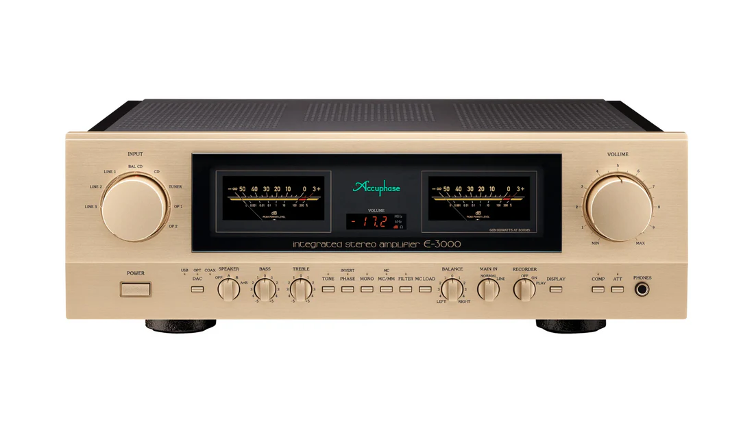Accuphase E-3000 integrated amplifier in champagne gold, VU meters lit