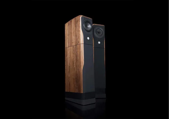 Chario floorstanders in walnut on a black ground