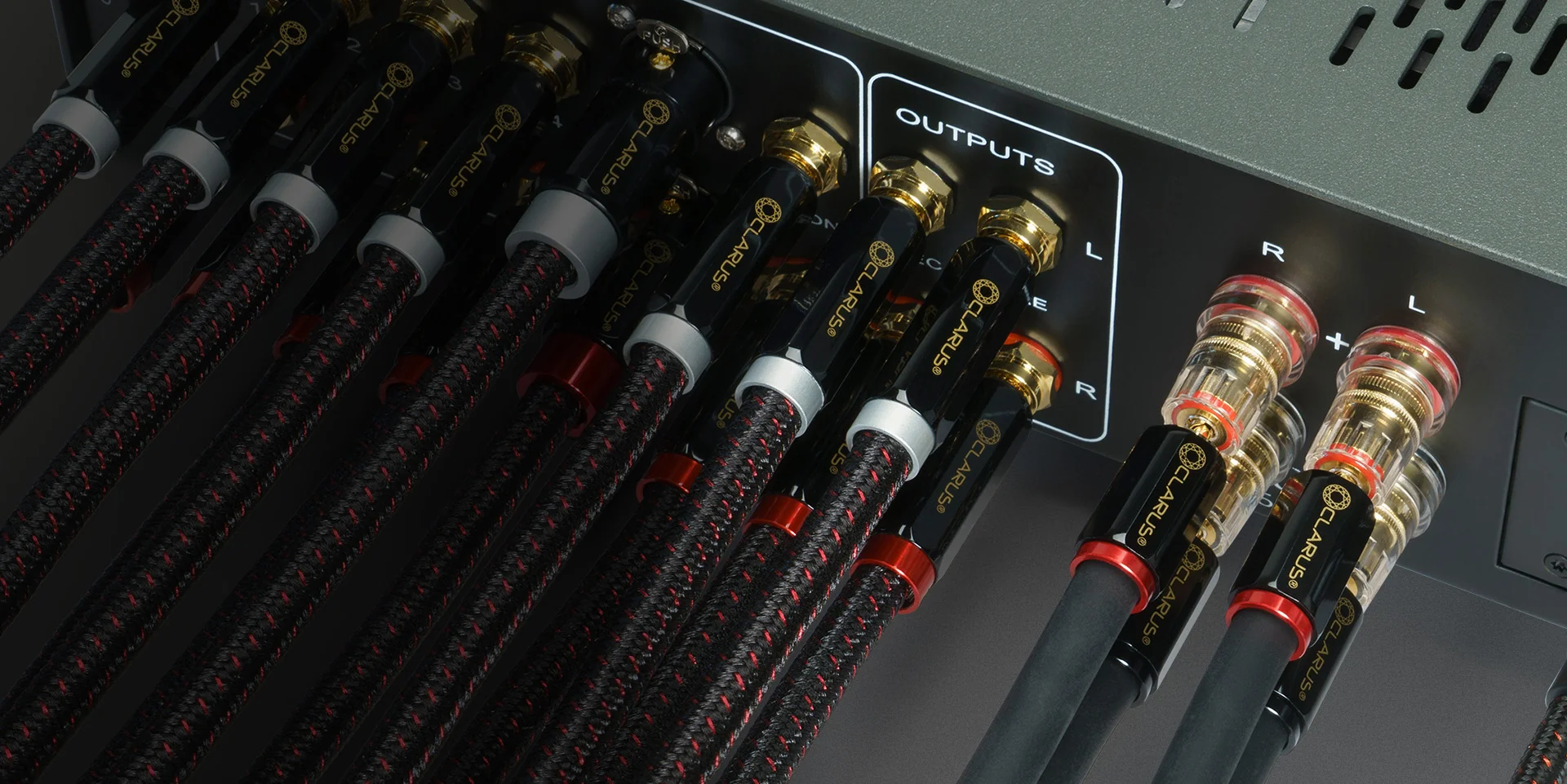 Clarus cables dressed into an amplifier's outputs, gold terminations and braided jackets