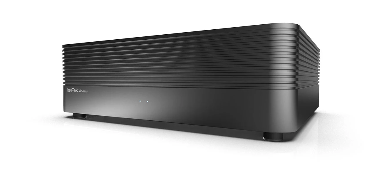 An IsoTek power conditioner in black, fin-textured casework