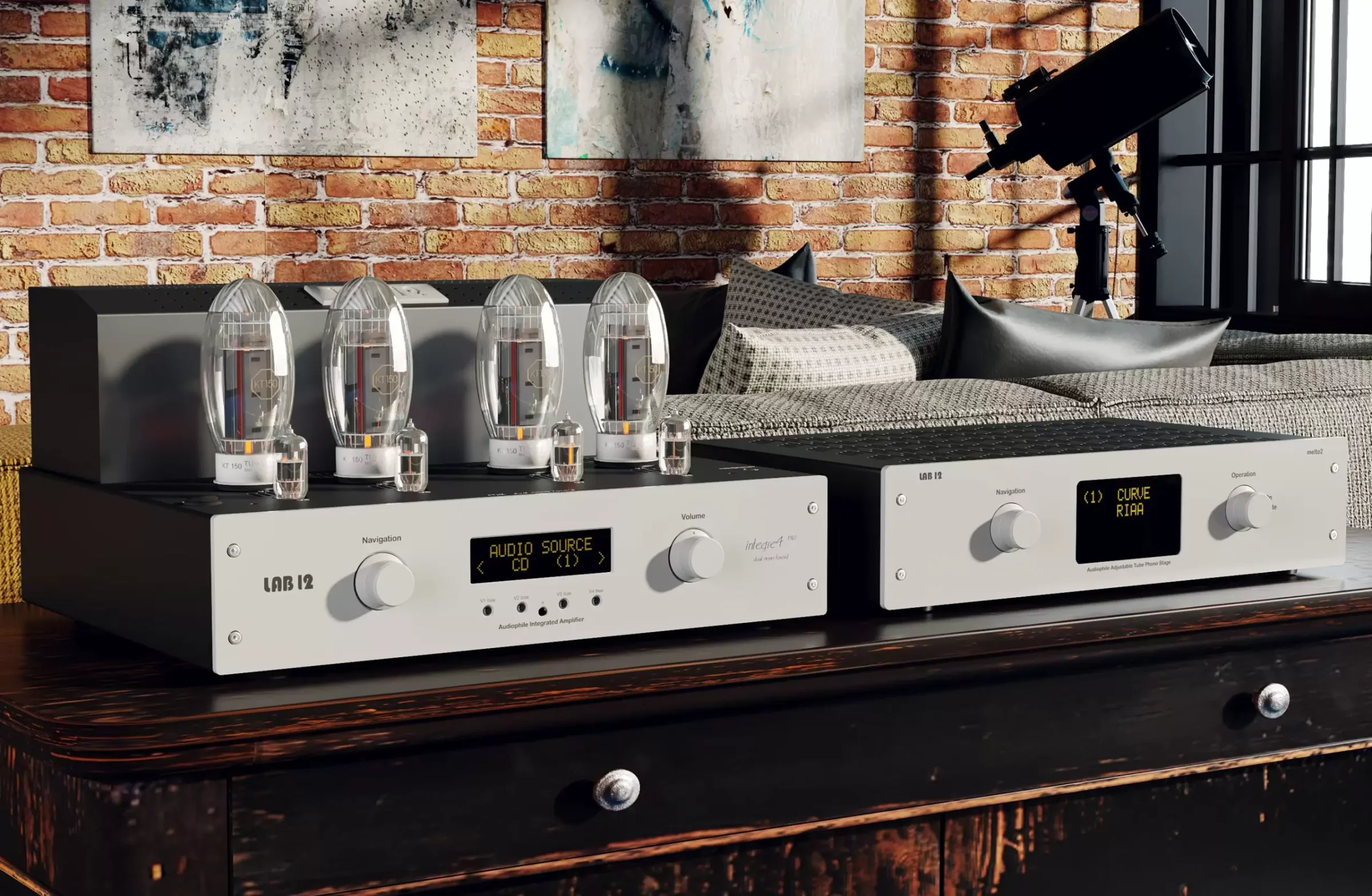Lab 12 tube amplification on a dark sideboard against a brick wall