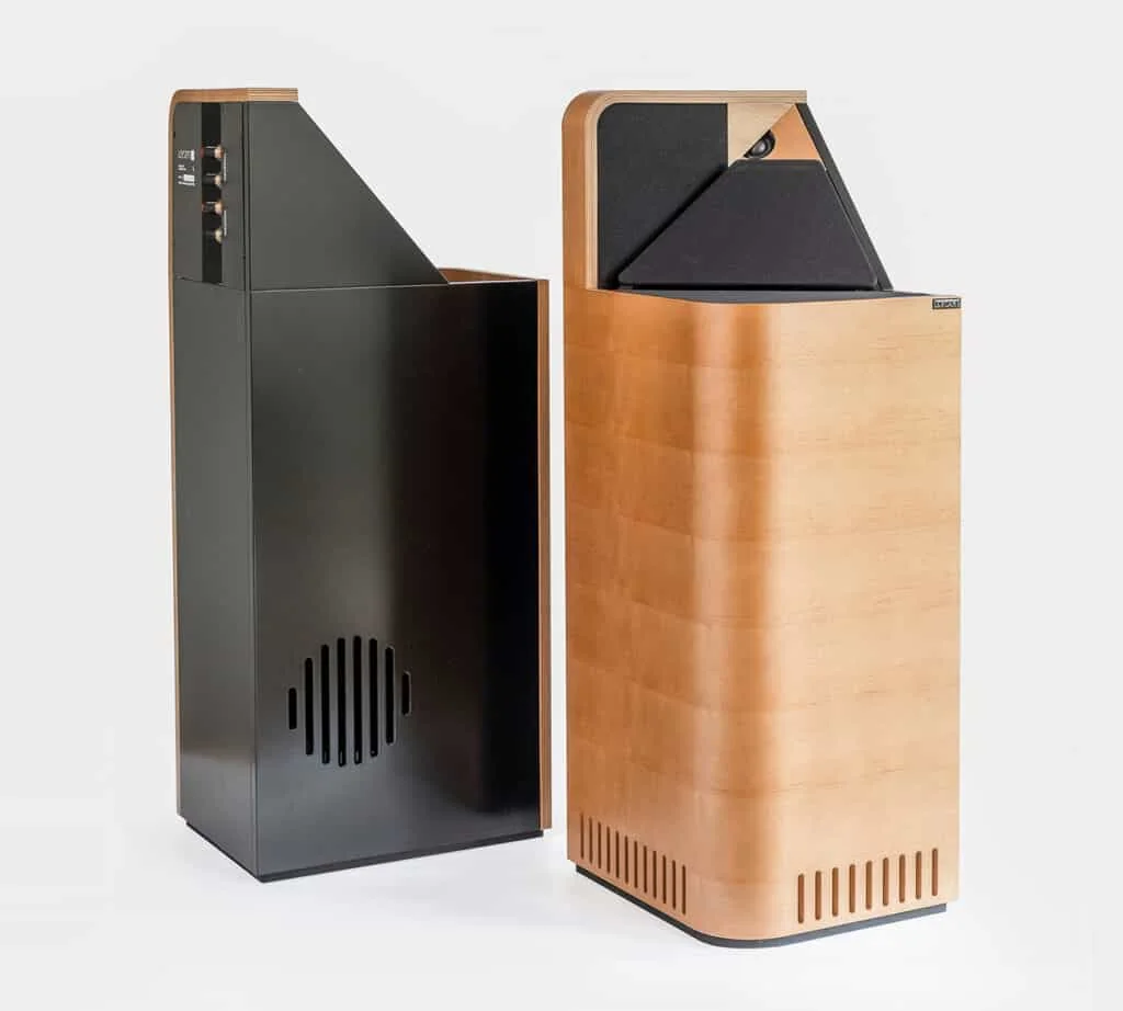 Larsen speakers in cherry and black, their angled cabinets side by side