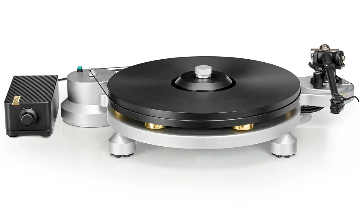 A Michell turntable: black platter on a white plinth with its outboard motor pod