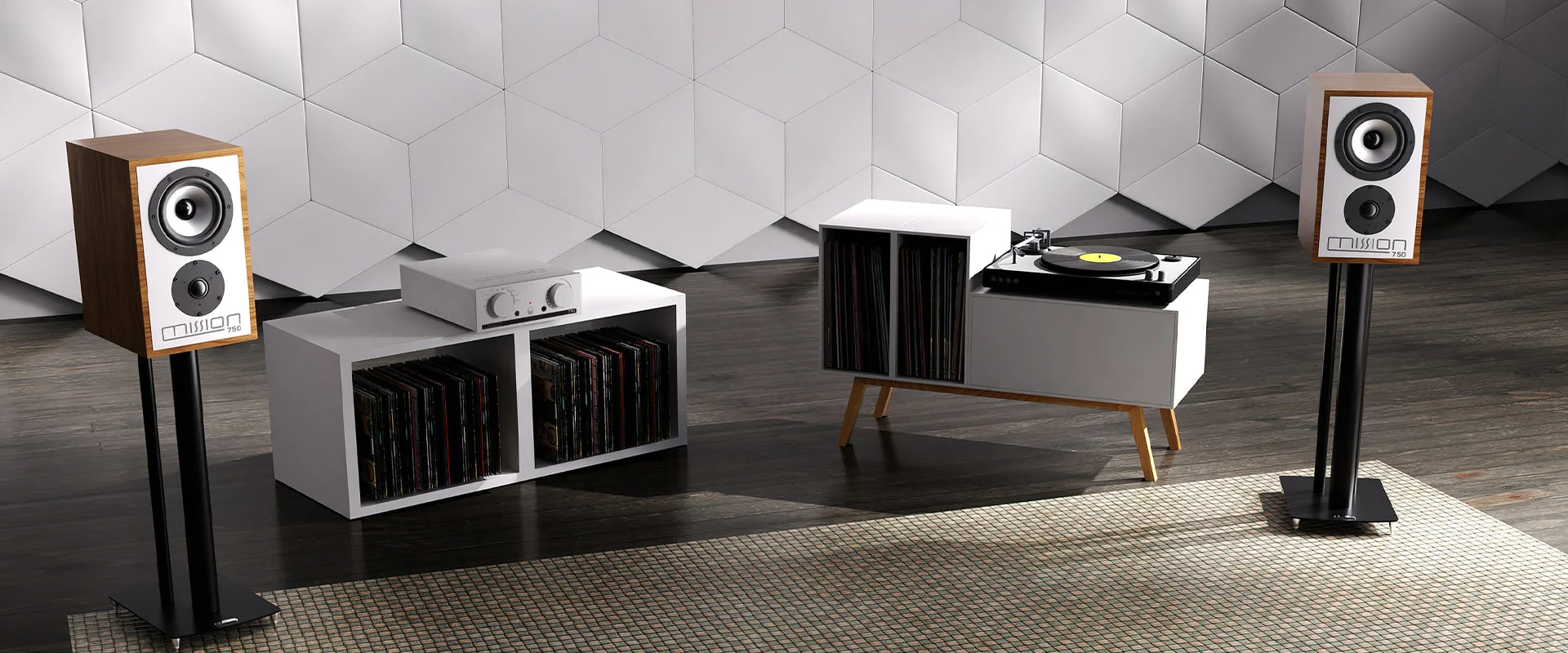 Mission heritage loudspeakers beside a record console in a retro living room