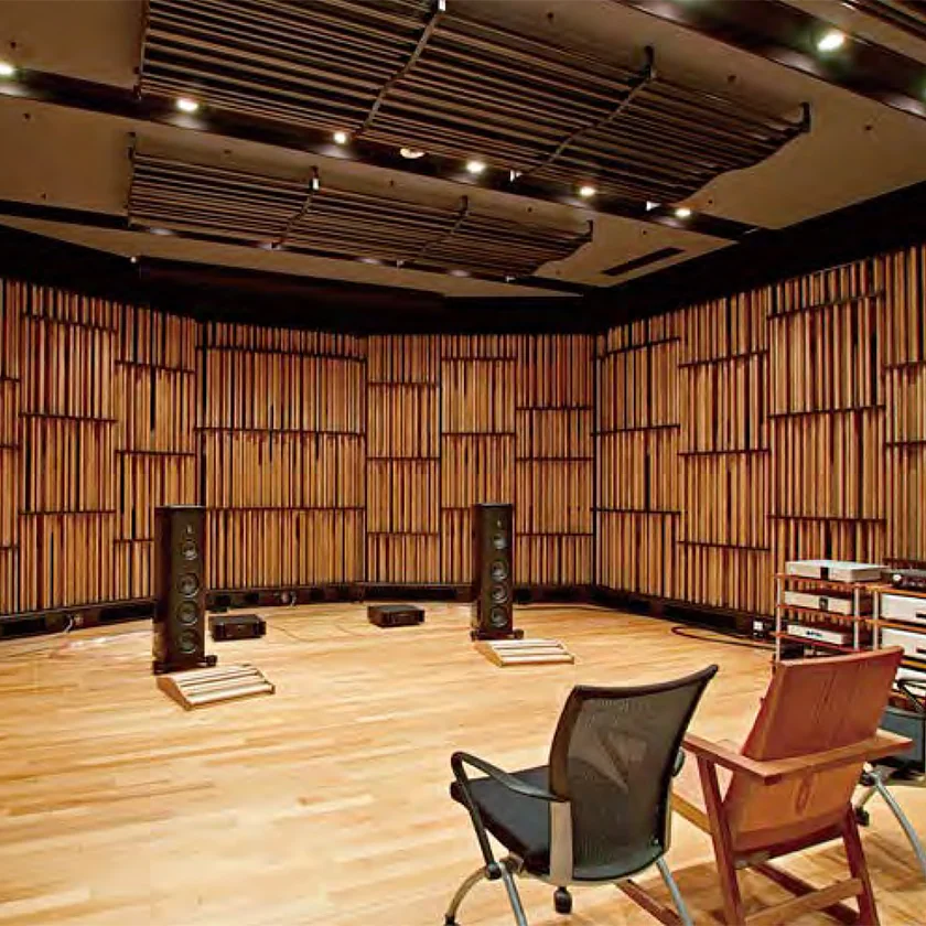 A listening room tuned with Acoustic Grove System wooden columns