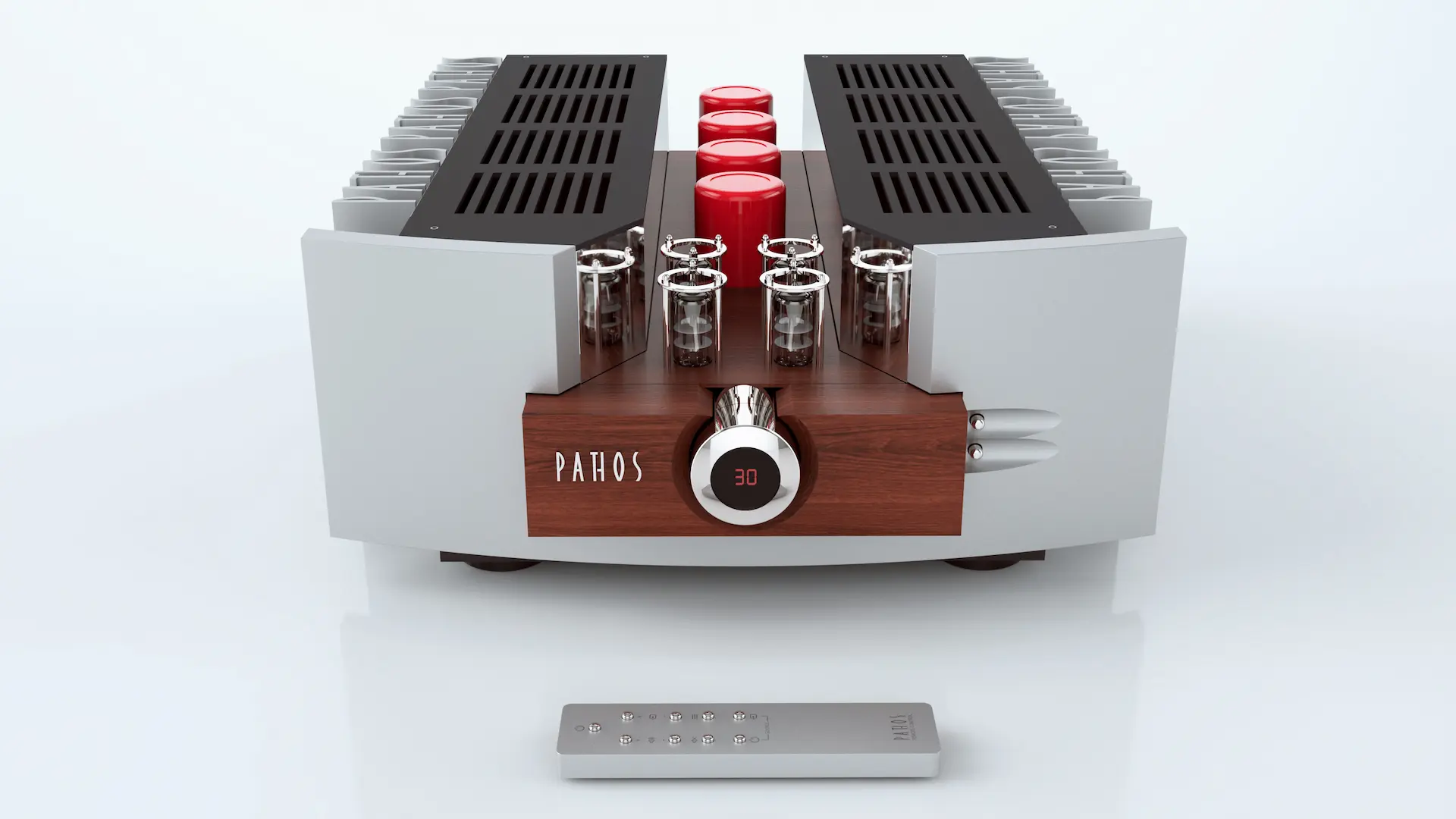 A Pathos integrated amplifier: chrome heatsinks, red tubes, wooden accents, remote alongside