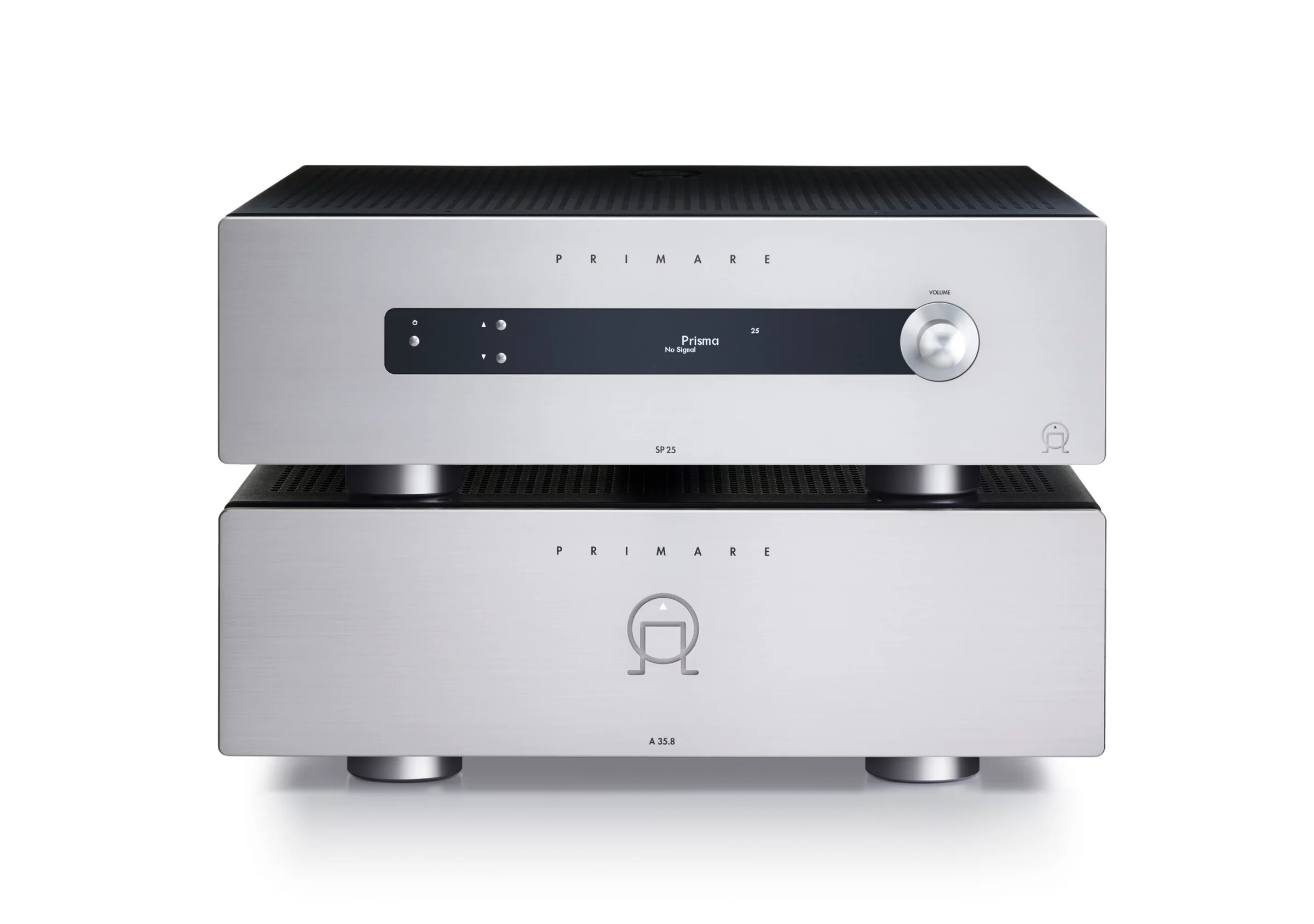 A Primare pre and power amplifier stacked in brushed silver