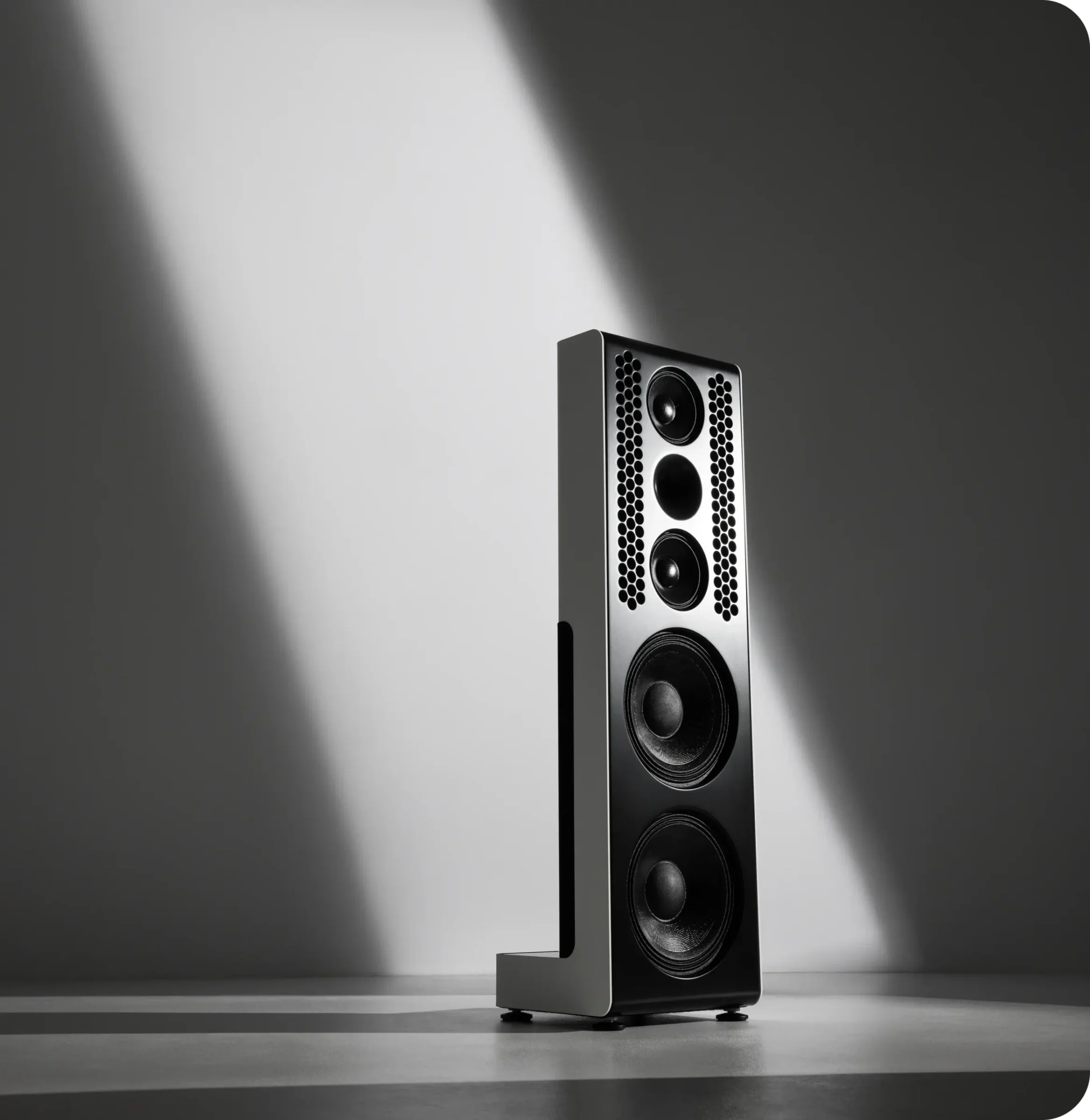 A Silent Pound floorstander caught in a shaft of light