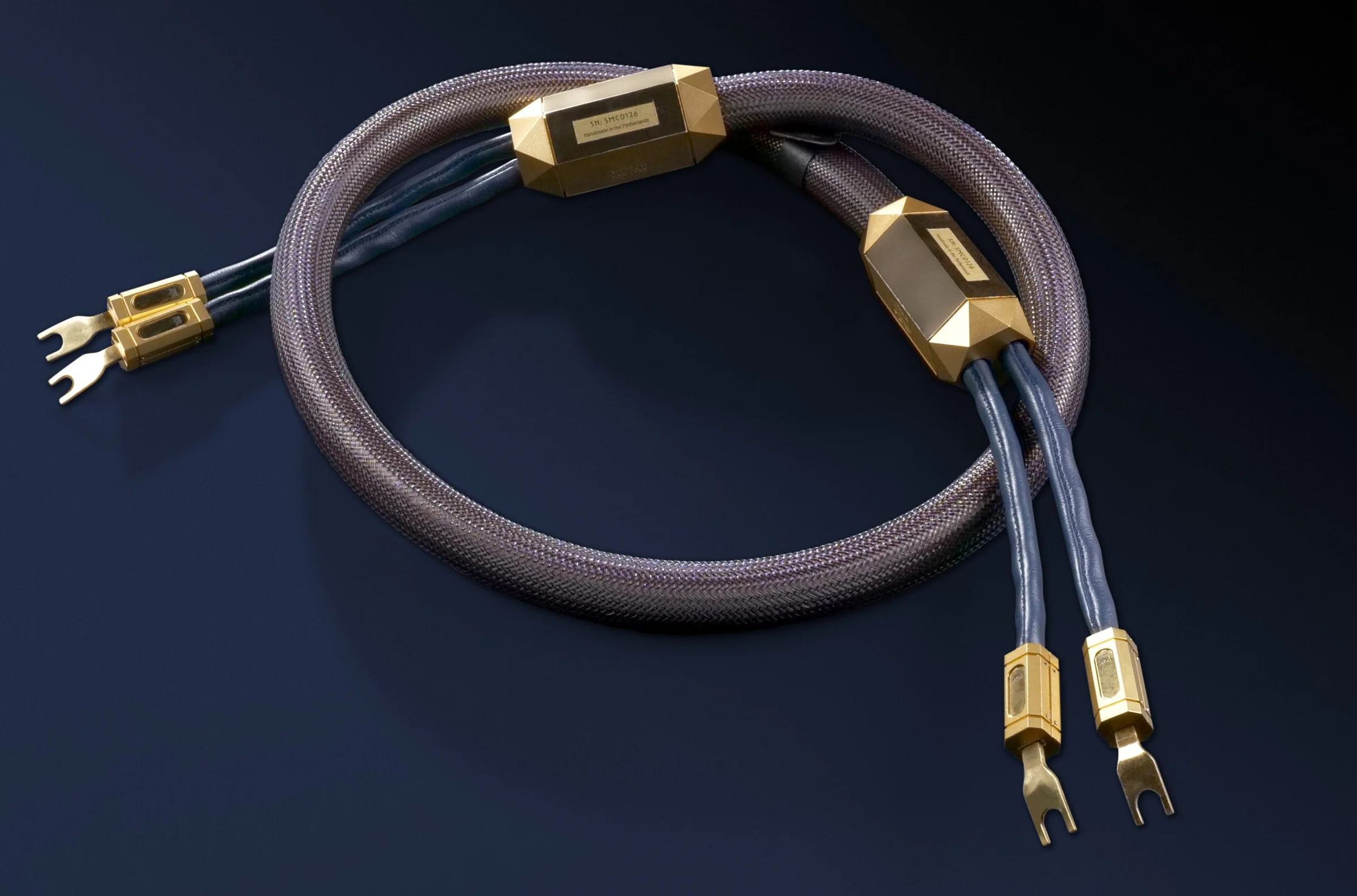 A Siltech speaker cable coiled on navy, gold spade terminations