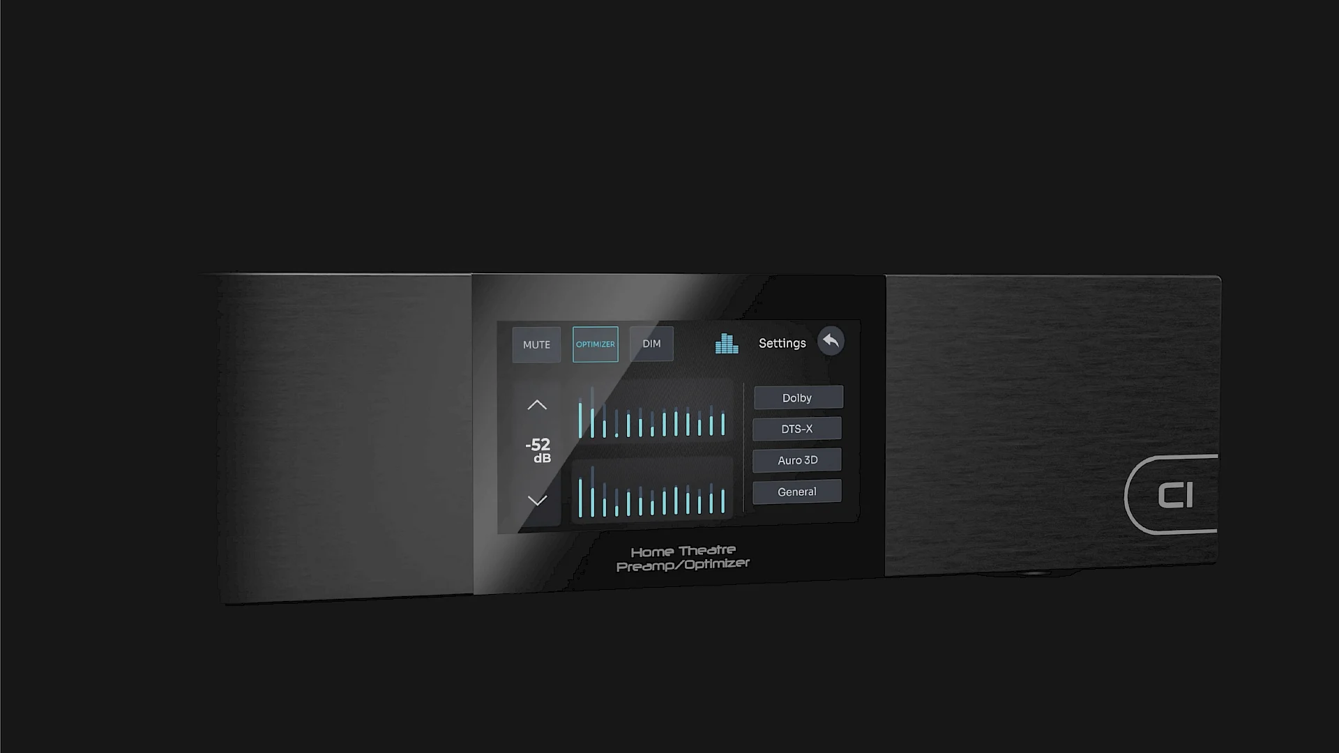 A Trinnov Audio processor faceplate, room-optimizer display lit