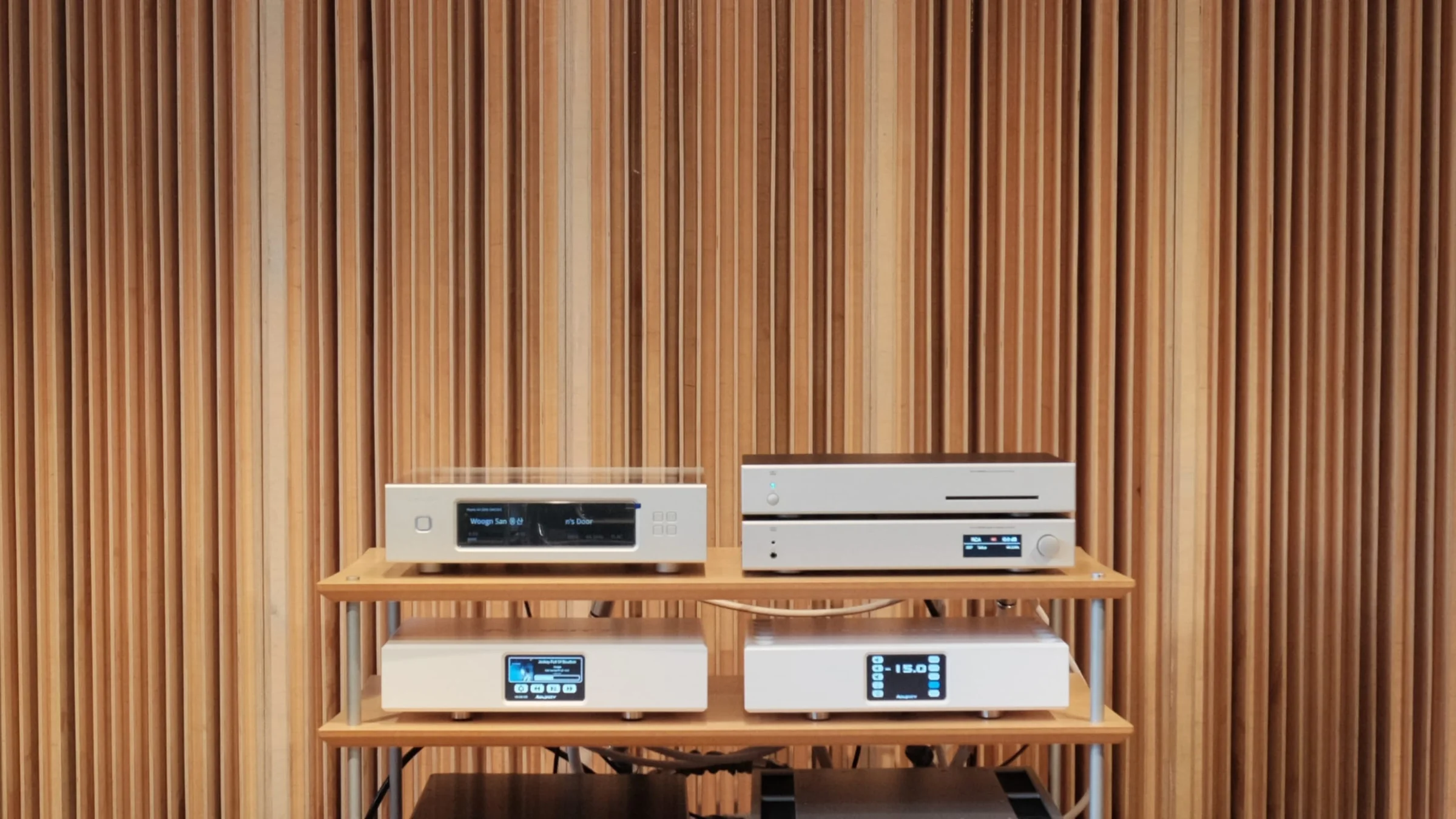 Weiss components on a rack against warm wood slats